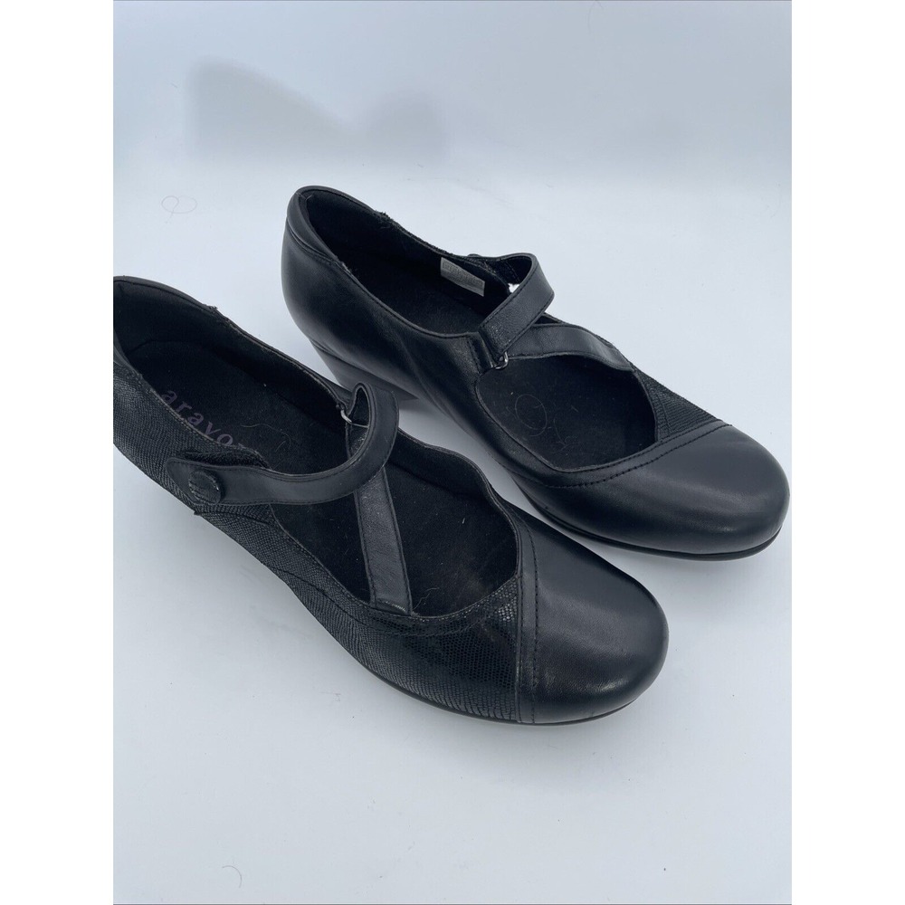 Aravon Leather Black Slip On Heels Womens US Size 11  Cross Strap‎ Mary Jane